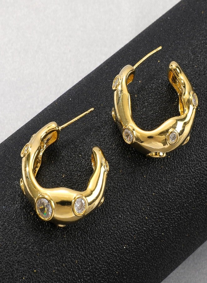 MOONWALTZ Gold Hoop Earrings for Women 14K Gold Plated Irregular Cubic Zirconia Chunky Hoop Earrings Sparkly Round CZ Simple C Shaped Open Hoop Statement Earrings Trendy Post Earrings Jewelry Gift for Women - Image 4